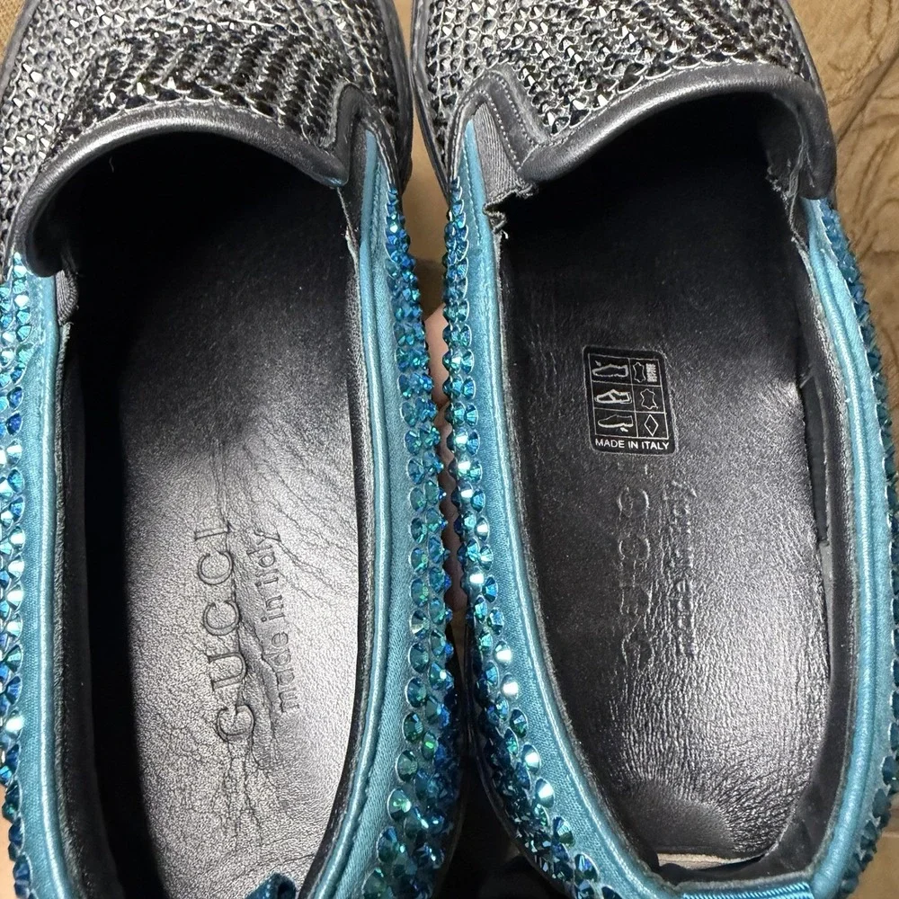 Gucci 368512 Crystal Satin Slip-On Sneakers Black Teal Men's US 7 UK 6 G Fit